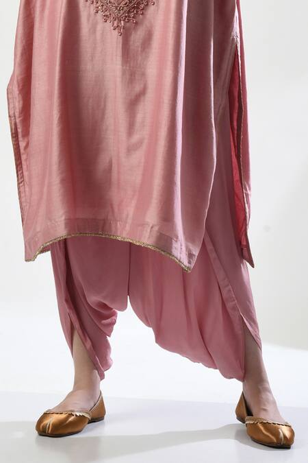 5cross Ajit Kumar_Pink Chanderi, Modal, Satin, Chiffon Embroidery, Dori Kaftan Dhoti Pant Set _Online_at_Aza_Fashions