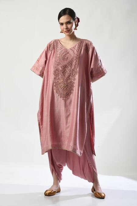 Buy_5cross Ajit Kumar_Pink Chanderi, Modal, Satin, Chiffon Embroidery, Dori Kaftan Dhoti Pant Set _Online_at_Aza_Fashions