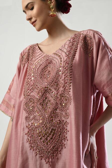 Shop_5cross Ajit Kumar_Pink Chanderi, Modal, Satin, Chiffon Embroidery, Dori Kaftan Dhoti Pant Set _Online_at_Aza_Fashions