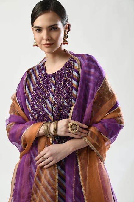 5cross Ajit Kumar_Purple Chanderi, Viscose, Organza Stripe Print Embellished Kurta Dhoti Pant Set _Online_at_Aza_Fashions