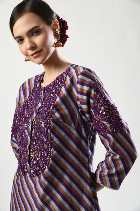 Buy_5cross Ajit Kumar_Purple Chanderi, Viscose, Organza Stripe Print Embellished Kurta Dhoti Pant Set _Online_at_Aza_Fashions