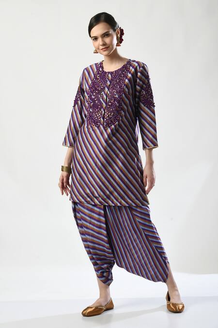 5cross Ajit Kumar_Purple Chanderi, Viscose, Organza Stripe Print Embellished Kurta Dhoti Pant Set _at_Aza_Fashions