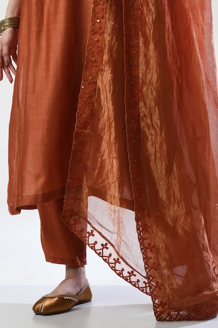 5cross Ajit Kumar_Brown Chanderi, Cotton Satin, Tissue Embroidery, Sequins Dori Kurta Pant Set _Online_at_Aza_Fashions