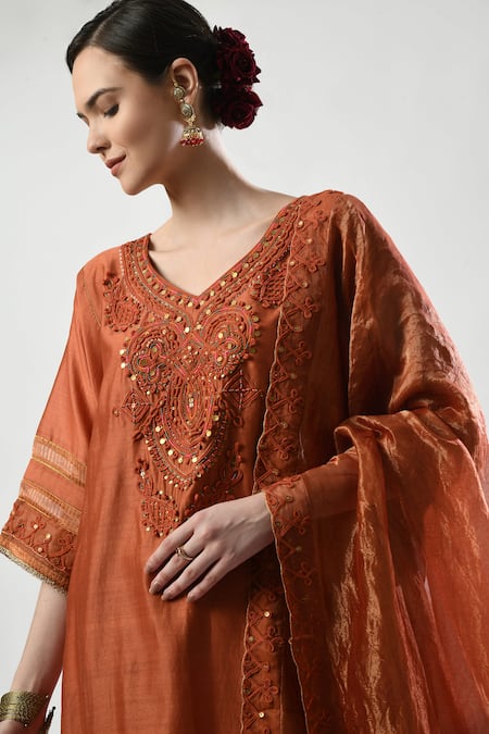 Shop_5cross Ajit Kumar_Brown Chanderi, Cotton Satin, Tissue Embroidery, Sequins Dori Kurta Pant Set _Online_at_Aza_Fashions