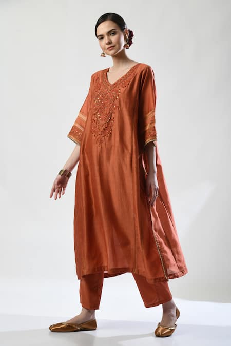 5cross Ajit Kumar_Brown Chanderi, Cotton Satin, Tissue Embroidery, Sequins Dori Kurta Pant Set _at_Aza_Fashions