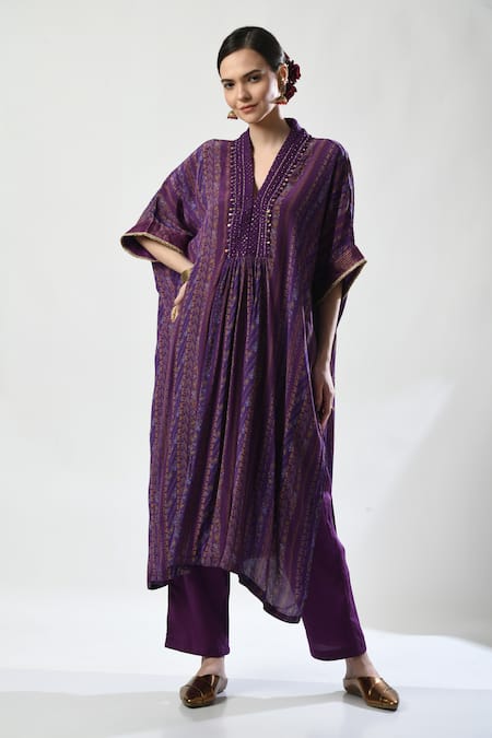 5cross Ajit Kumar Purple Kaftan Viscose Crepe Embellished Stripe V-neck Print Kurta Pant Set 