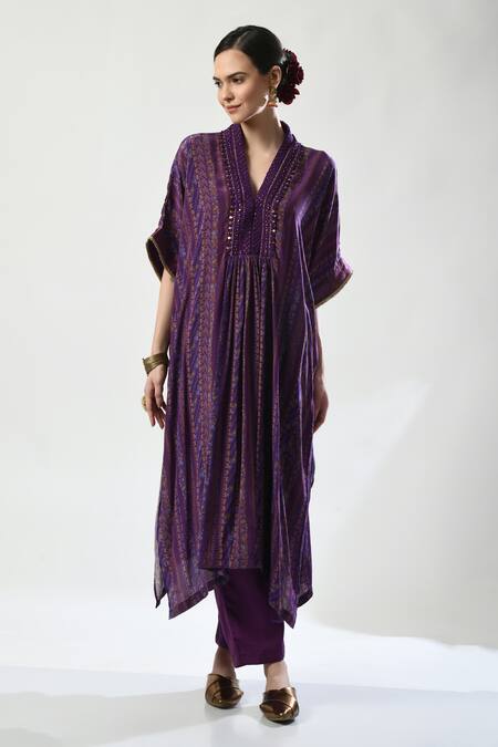 Buy_5cross Ajit Kumar_Purple Viscose, , Satin Stripe Print Embellished Kurta Pant Set _Online_at_Aza_Fashions