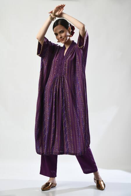 Shop_5cross Ajit Kumar_Purple Viscose, , Satin Stripe Print Embellished Kurta Pant Set _Online_at_Aza_Fashions