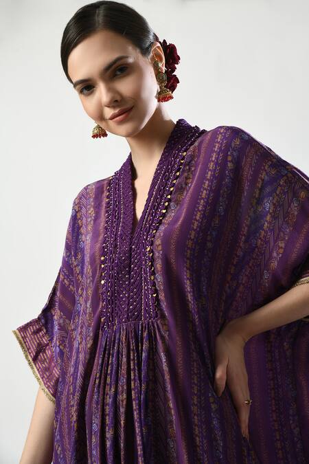 5cross Ajit Kumar_Purple Viscose, , Satin Stripe Print Embellished Kurta Pant Set _at_Aza_Fashions