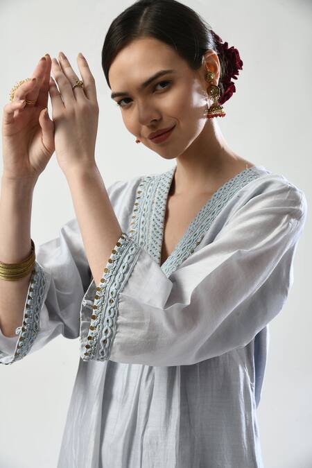 5cross Ajit Kumar_Blue Chanderi, Chiffon, Cotton Satin Embroidery, Placed Dori Kurta Pant Set _Online_at_Aza_Fashions