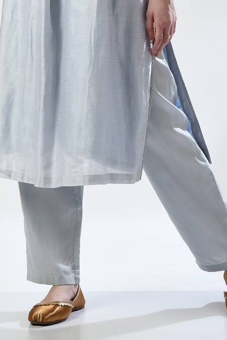 Buy_5cross Ajit Kumar_Blue Chanderi, Chiffon, Cotton Satin Embroidery, Placed Dori Kurta Pant Set _Online_at_Aza_Fashions