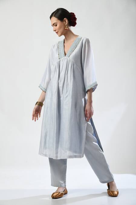 Shop_5cross Ajit Kumar_Blue Chanderi, Chiffon, Cotton Satin Embroidery, Placed Dori Kurta Pant Set _Online_at_Aza_Fashions