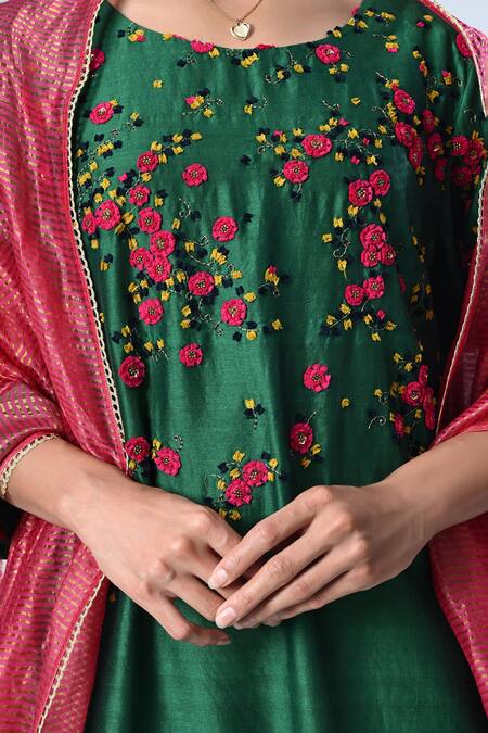 Shop_5cross Ajit Kumar_Green Chanderi, Cotton Satin, Tissue Embroidery Round Floral Kurta Palazzo Set _Online_at_Aza_Fashions