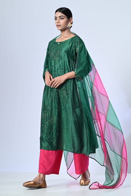 5cross Ajit Kumar_Green Chanderi, , Satin, Organza Floral Kurta And Palazzo Set _Online_at_Aza_Fashions
