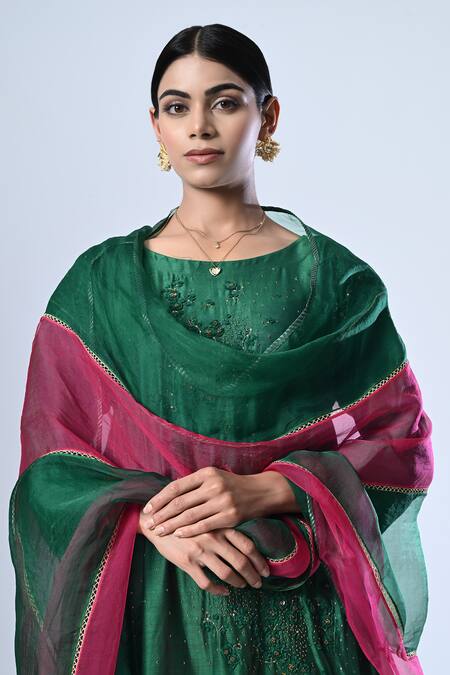 Buy_5cross Ajit Kumar_Green Chanderi, , Satin, Organza Floral Kurta And Palazzo Set _Online_at_Aza_Fashions