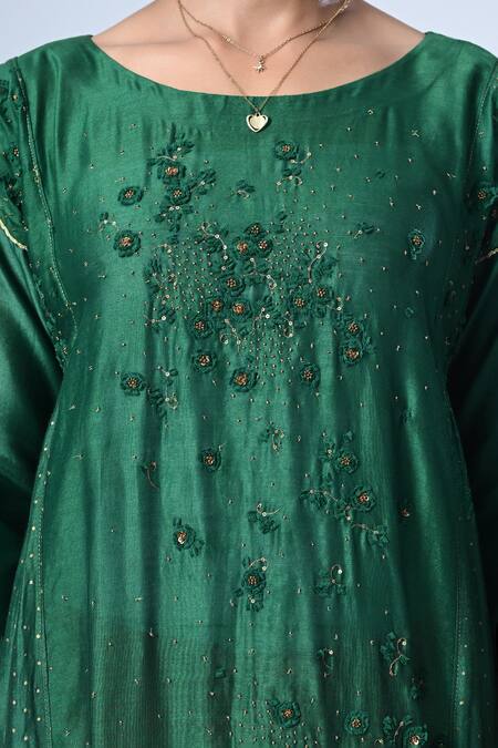 Shop_5cross Ajit Kumar_Green Chanderi, , Satin, Organza Floral Kurta And Palazzo Set _Online_at_Aza_Fashions