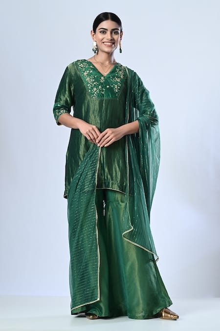 5cross Ajit Kumar Green Tissue, Chanderi, Ditsy Floral Embroidered Short Kurta Sharara Set Online at Aza Fashions 5cross Ajit Kumar_Green Tissue, Chanderi, Ditsy Floral Embroidered Short Kurta Sharara Set _Online_at_Aza_Fashions