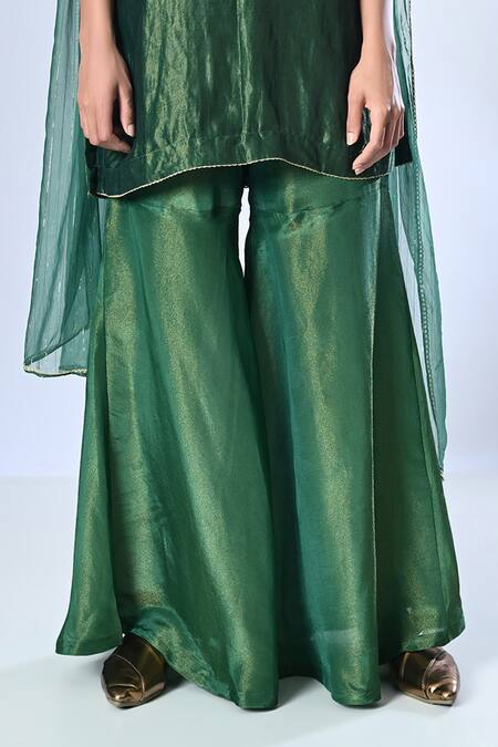 Buy 5cross Ajit Kumar Green Tissue, Chanderi, Ditsy Floral Embroidered Short Kurta Sharara Set Online at Aza Fashions Buy_5cross Ajit Kumar_Green Tissue, Chanderi, Ditsy Floral Embroidered Short Kurta Sharara Set _Online_at_Aza_Fashions