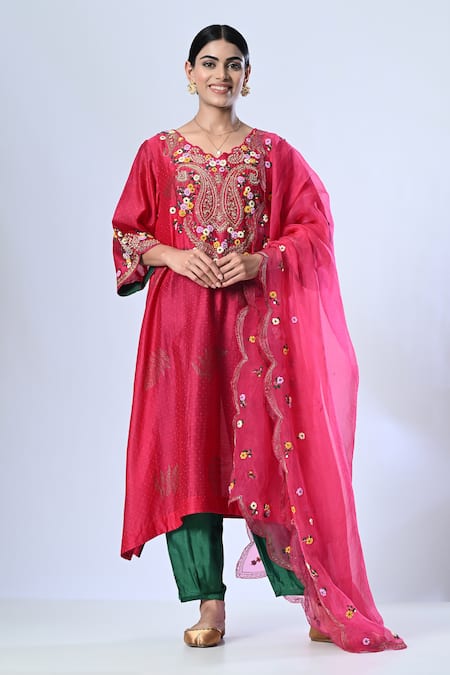 5cross Ajit Kumar Pink Chanderi Kurta Embroidery Floral V Neck Paisley And Pant Set 