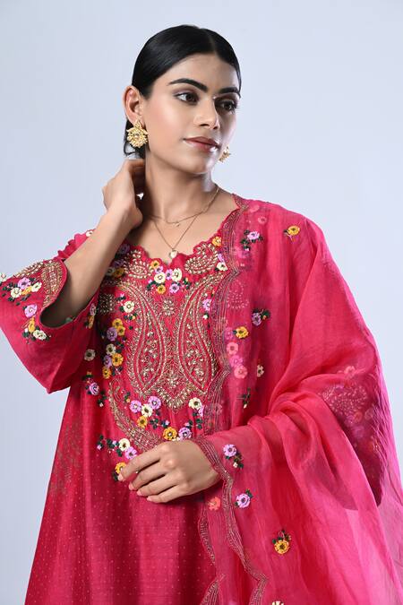 Shop_5cross Ajit Kumar_Pink Chanderi, Cotton Satin, Silk Organza Paisley Floral Kurta And Pant Set _Online_at_Aza_Fashions