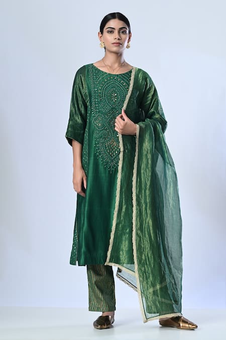 5cross Ajit Kumar Green Chanderi Kurta Embroidery Dori Round Neck Pant Set 