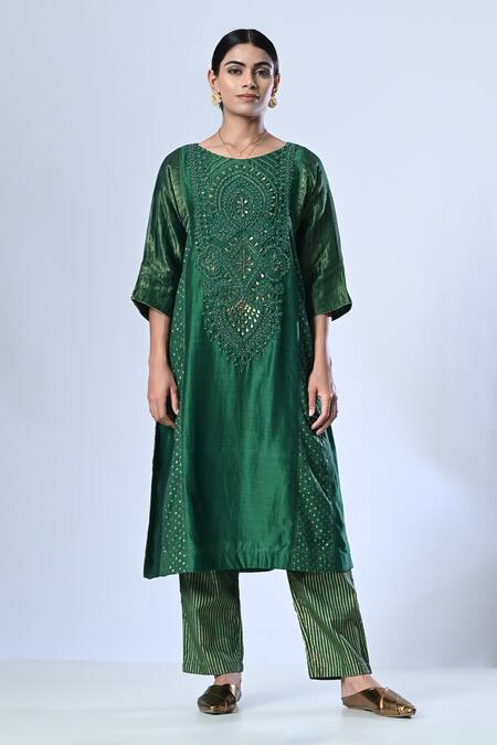 5cross Ajit Kumar_Green Chanderi, Cotton Satin, Tissue Beads, Sequins, Dori Kurta Pant Set _Online_at_Aza_Fashions