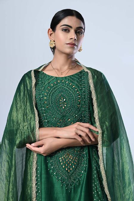 Buy_5cross Ajit Kumar_Green Chanderi, Cotton Satin, Tissue Beads, Sequins, Dori Kurta Pant Set _Online_at_Aza_Fashions