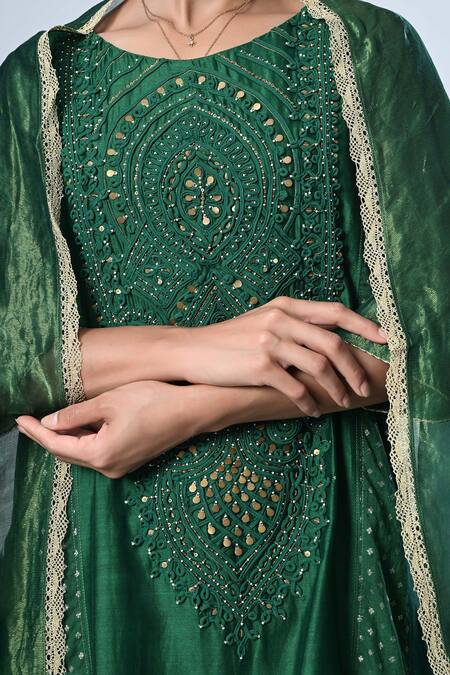 Shop_5cross Ajit Kumar_Green Chanderi, Cotton Satin, Tissue Beads, Sequins, Dori Kurta Pant Set _Online_at_Aza_Fashions