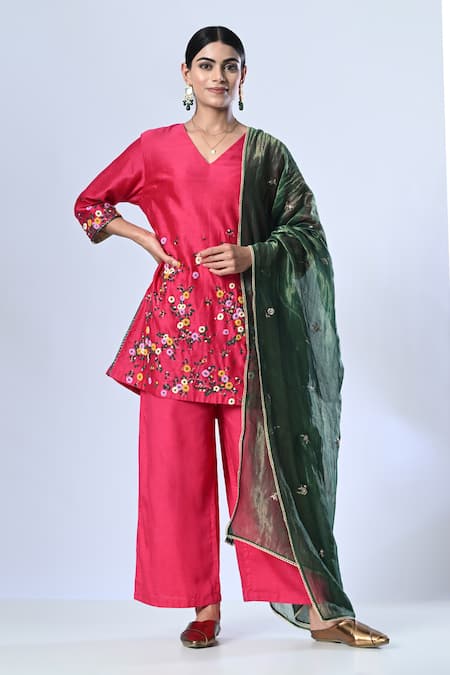 5cross Ajit Kumar Floral Embroidered Short Kurta Palazzo Set 