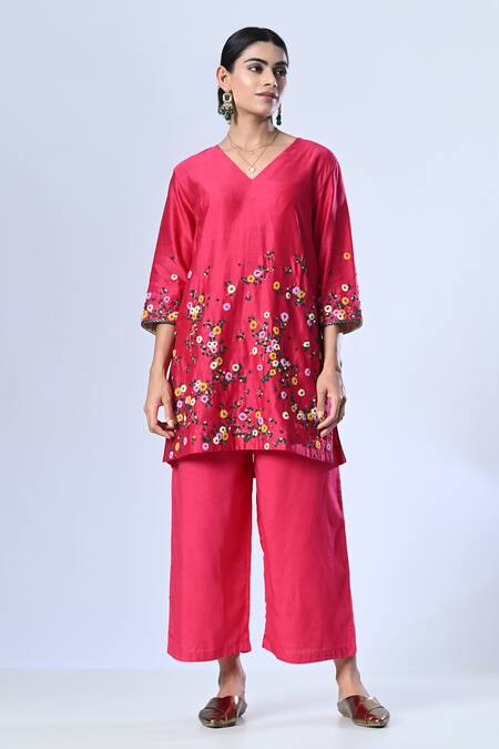 Buy 5cross Ajit Kumar Pink Chanderi, Cotton Satin, Tissue Floral Embroidered Short Kurta Palazzo Set Online at Aza Fashions Buy_5cross Ajit Kumar_Pink Chanderi, Cotton Satin, Tissue Floral Embroidered Short Kurta Palazzo Set _Online_at_Aza_Fashions