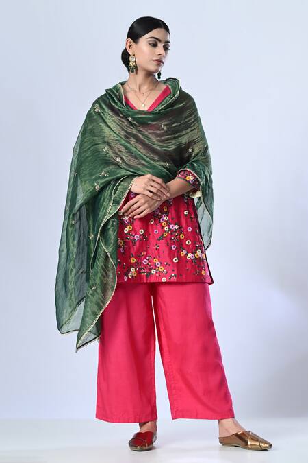 Shop 5cross Ajit Kumar Pink Chanderi, Cotton Satin, Tissue Floral Embroidered Short Kurta Palazzo Set Online at Aza Fashions Shop_5cross Ajit Kumar_Pink Chanderi, Cotton Satin, Tissue Floral Embroidered Short Kurta Palazzo Set _Online_at_Aza_Fashions
