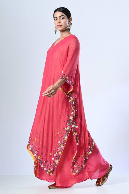 5cross Ajit Kumar_Pink Georgette, Cotton, Viscose Embroidery Placement Floral Kaftan Sharara Set _Online_at_Aza_Fashions