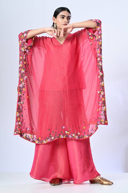 Buy_5cross Ajit Kumar_Pink Georgette, Cotton, Viscose Embroidery Placement Floral Kaftan Sharara Set _Online_at_Aza_Fashions