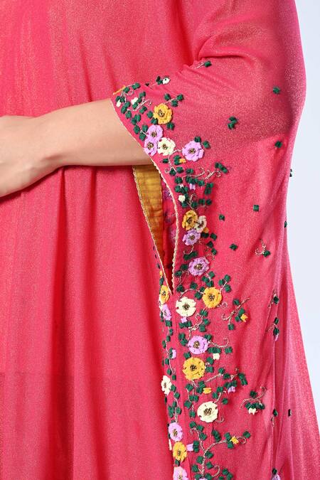 Shop_5cross Ajit Kumar_Pink Georgette, Cotton, Viscose Embroidery Placement Floral Kaftan Sharara Set _Online_at_Aza_Fashions