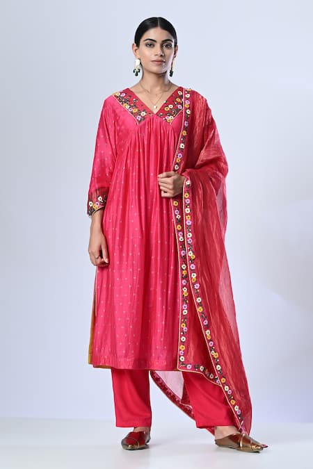 5cross Ajit Kumar Pink Cotton Silk Kurta Print Butti V Neck Front Gathered Block Pant Set 