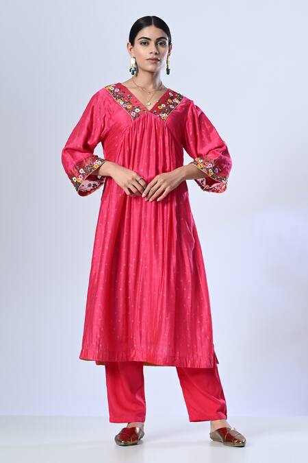5cross Ajit Kumar_Pink , Silk, Satin, Front Gathered Block Print Kurta Pant Set _Online_at_Aza_Fashions