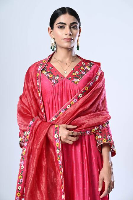 Buy_5cross Ajit Kumar_Pink , Silk, Satin, Front Gathered Block Print Kurta Pant Set _Online_at_Aza_Fashions