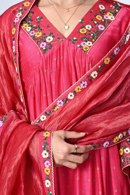 Shop_5cross Ajit Kumar_Pink , Silk, Satin, Front Gathered Block Print Kurta Pant Set _Online_at_Aza_Fashions