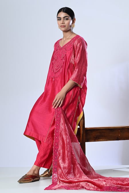 Buy_5cross Ajit Kumar_Pink Chanderi, Cotton Satin, Tissue Beads, Sequins, Dori Kurta And Pant Set _Online_at_Aza_Fashions