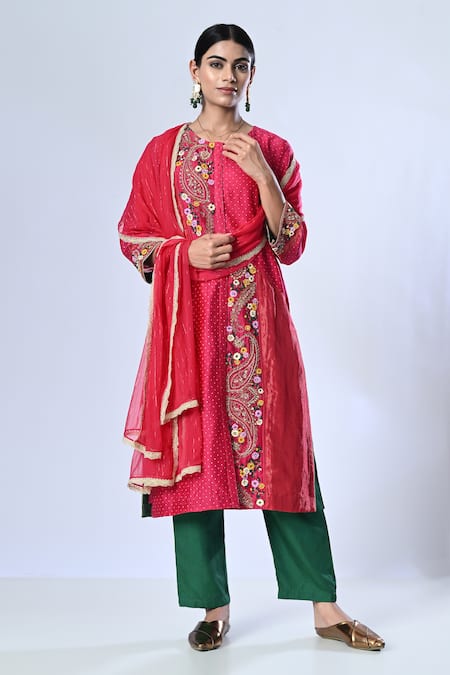 5cross Ajit Kumar Pink Chanderi Kurta Print Butti Round Asymmetric Embroidered Panelled Pant Set 