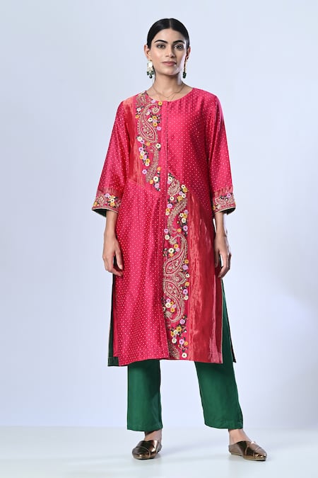 5cross Ajit Kumar_Pink Chanderi, Cotton Satin, Chiffon Asymmetric Panelled Kurta Pant Set _Online_at_Aza_Fashions