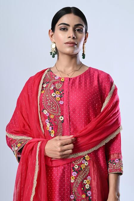 Buy_5cross Ajit Kumar_Pink Chanderi, Cotton Satin, Chiffon Asymmetric Panelled Kurta Pant Set _Online_at_Aza_Fashions