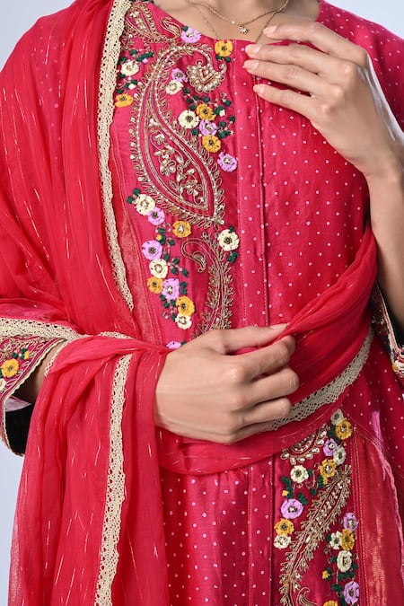 Shop_5cross Ajit Kumar_Pink Chanderi, Cotton Satin, Chiffon Asymmetric Panelled Kurta Pant Set _Online_at_Aza_Fashions