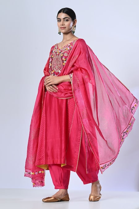 Buy_5cross Ajit Kumar_Pink Chanderi, Cotton Satin, Kota Doria Beads, Paisley Kurta And Pant Set _Online_at_Aza_Fashions