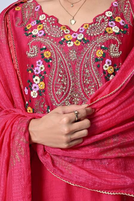Shop_5cross Ajit Kumar_Pink Chanderi, Cotton Satin, Kota Doria Beads, Paisley Kurta And Pant Set _Online_at_Aza_Fashions