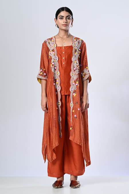 5cross Ajit Kumar Orange Cotton Silk Shrug Print Butti Scallop Floral Embroidered Palazzo Set 