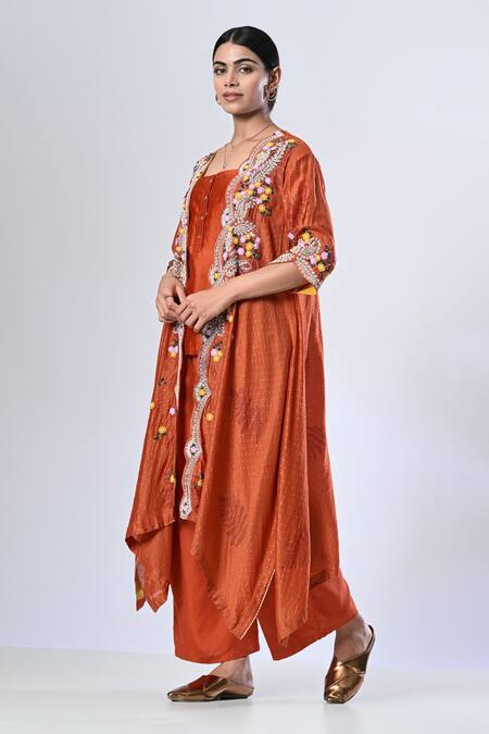 5cross Ajit Kumar Orange Cotton Satin, Chanderi Embroidery, Scallop Floral Jacket Palazzo Set Online at Aza Fashions 5cross Ajit Kumar_Orange Cotton Satin, Chanderi Embroidery, Scallop Floral Jacket Palazzo Set _Online_at_Aza_Fashions