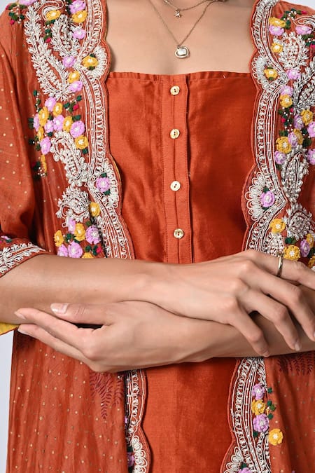 Shop 5cross Ajit Kumar Orange Cotton Satin, Chanderi Embroidery, Scallop Floral Jacket Palazzo Set Online at Aza Fashions Shop_5cross Ajit Kumar_Orange Cotton Satin, Chanderi Embroidery, Scallop Floral Jacket Palazzo Set _Online_at_Aza_Fashions