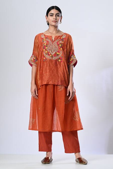 5cross Ajit Kumar_Orange , Satin, Chiffon Embroidery Paisley Short Top And Pant Set _Online_at_Aza_Fashions