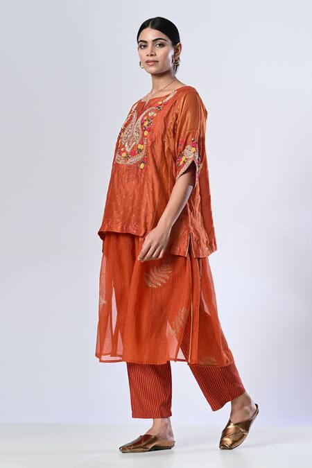 Buy_5cross Ajit Kumar_Orange , Satin, Chiffon Embroidery Paisley Short Top And Pant Set _Online_at_Aza_Fashions